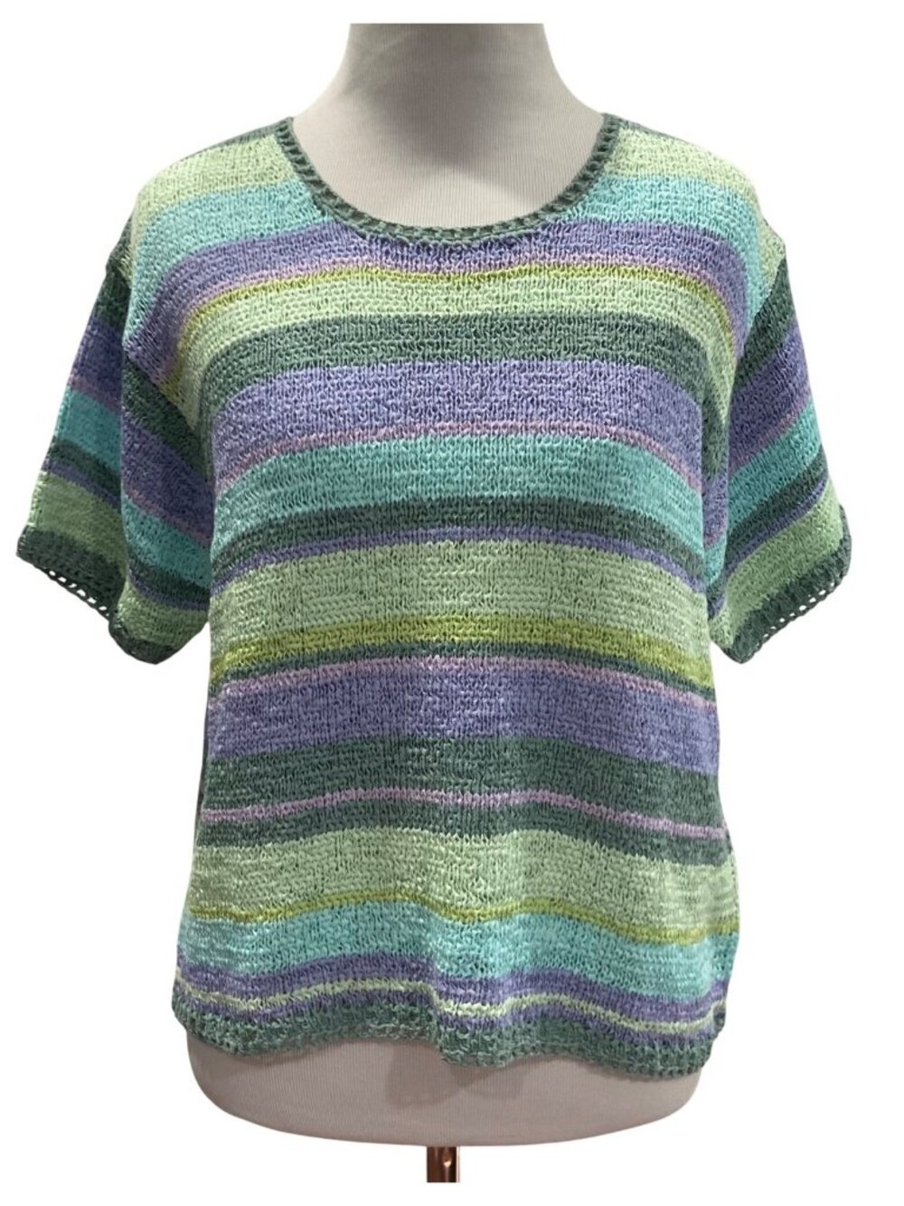 Vintage 90s Sigrid Olsen Crochet Knit Top L Colorful Striped Cottagecore Boho